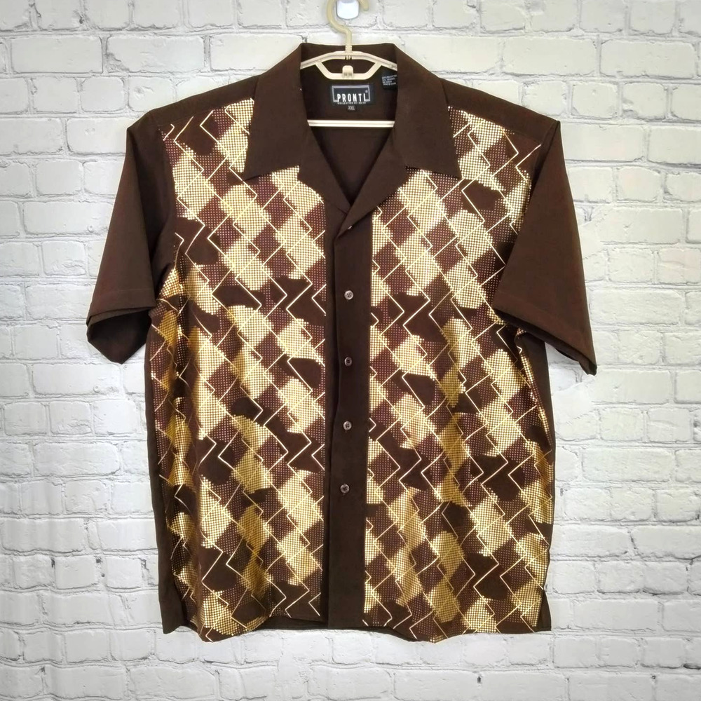 Pronti Collection Phita Button Up Shirt XXL Gold Metallic Print Short Sleeve